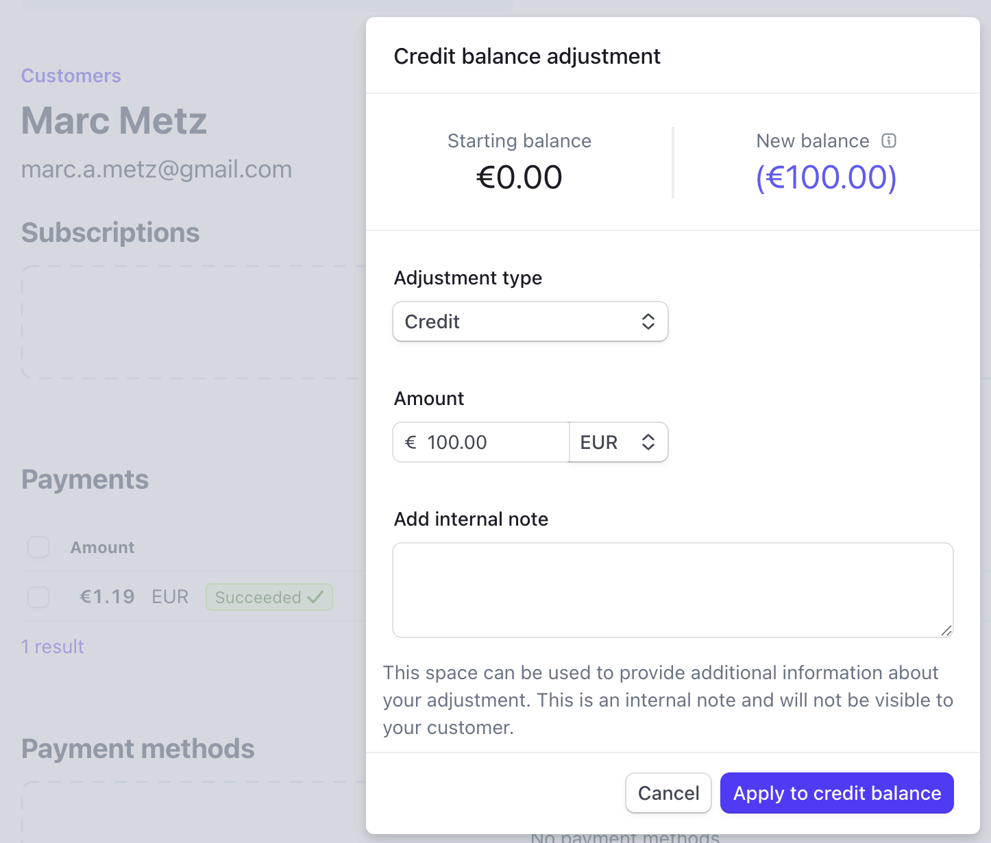 Stripe customer credit balance screen