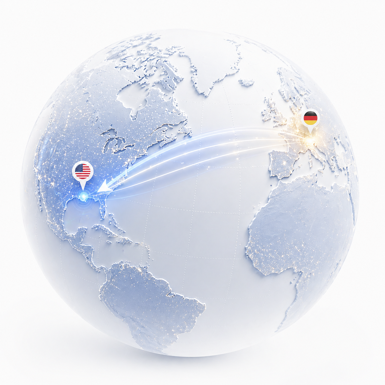 Globe showing a route between the United States and Germany