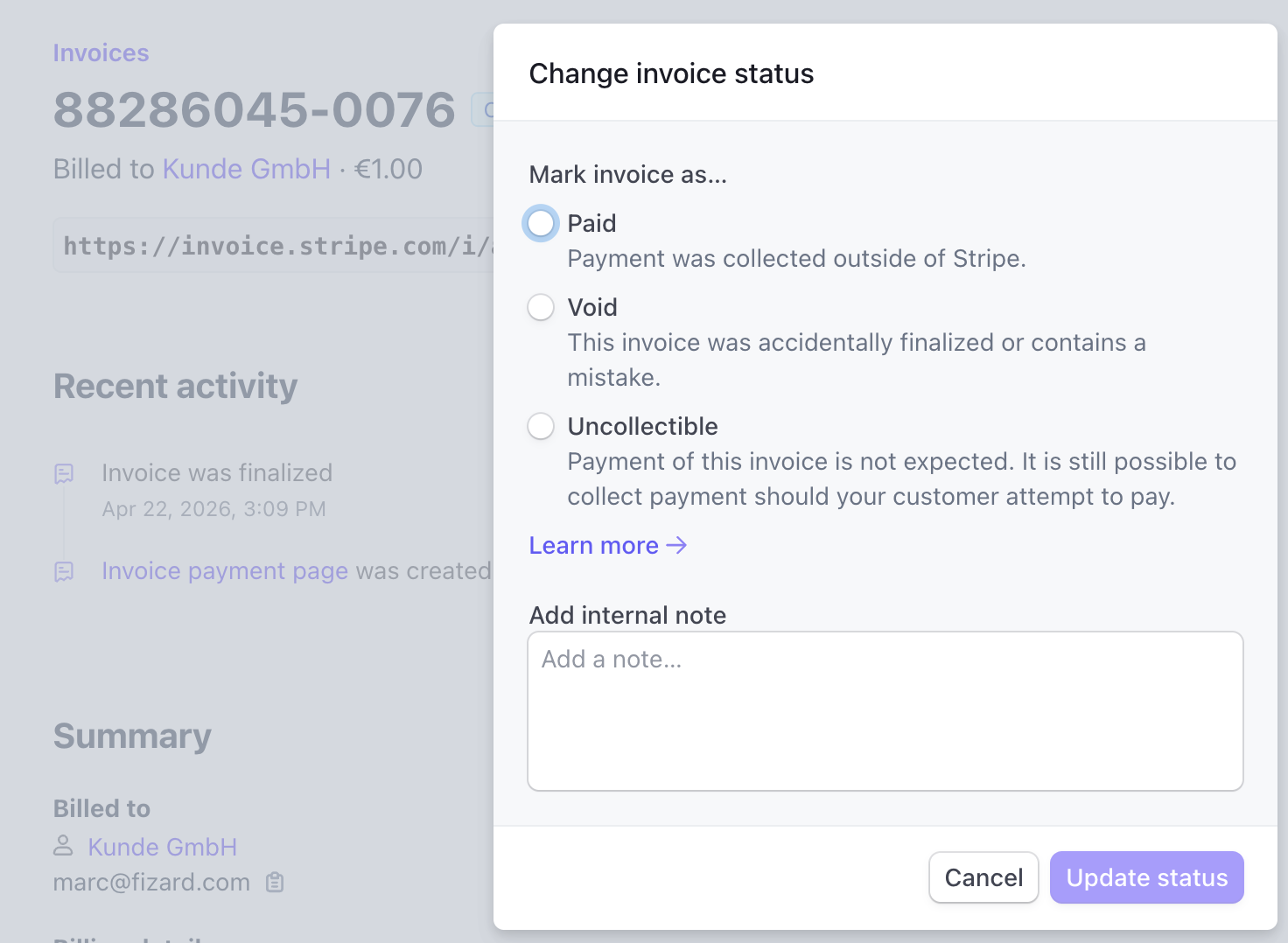 Stripe invoice status menu showing uncollectible invoice status