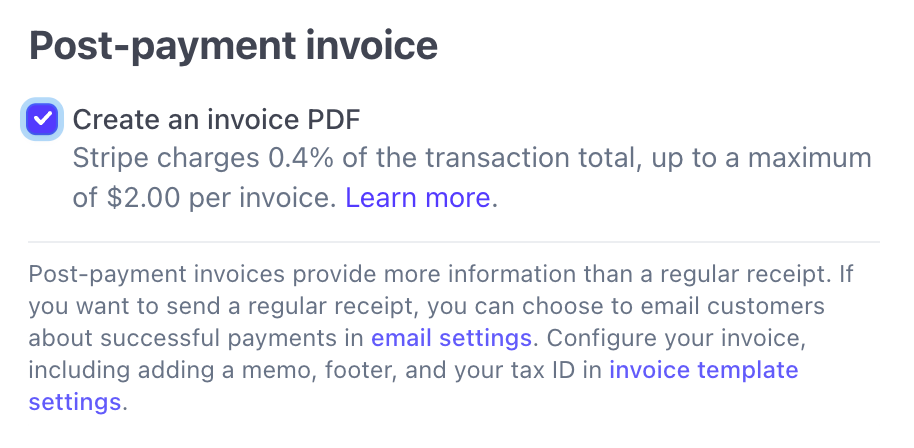 Stripe post-payment invoice settings