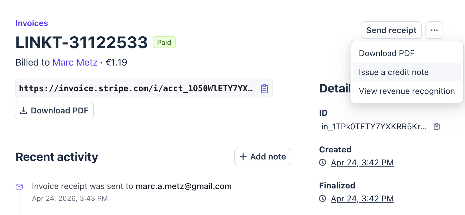 Stripe dashboard invoice refund screen